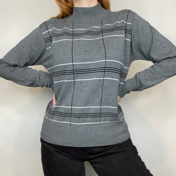 Vintage Y2K Dressbarn Large Gray & White Plaid Stripe Mockneck Sweater - Picture 6 of 11